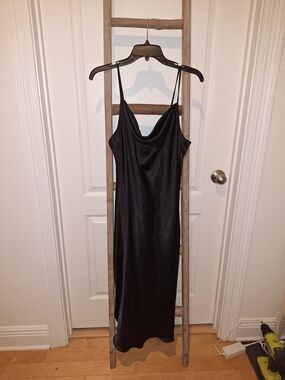 Bebe Black Satin Slip Dress with Cowl Neck